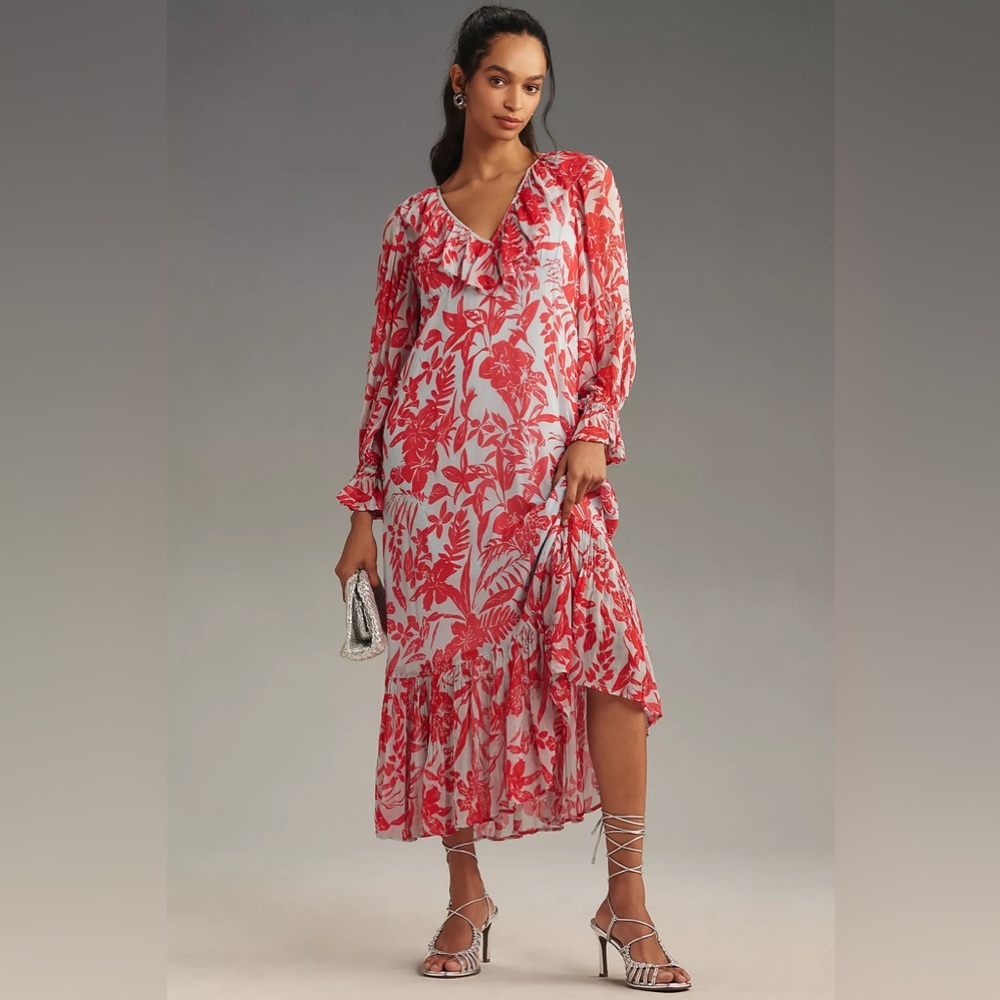 Anthropologie Long-Sleeve V-Neck Chiffon Ruffle Midi Dress XXS $168
